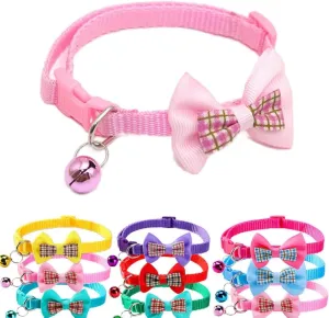 XXS Dog Collar with Bell,Soft Nylon Identification Pink Cat Collar Girl Puppy Collar with Bowtie Adjustable Buckle for XXS Xs Tiny Little Pet Female Dogs,Neck 7.5-12.5 Inch