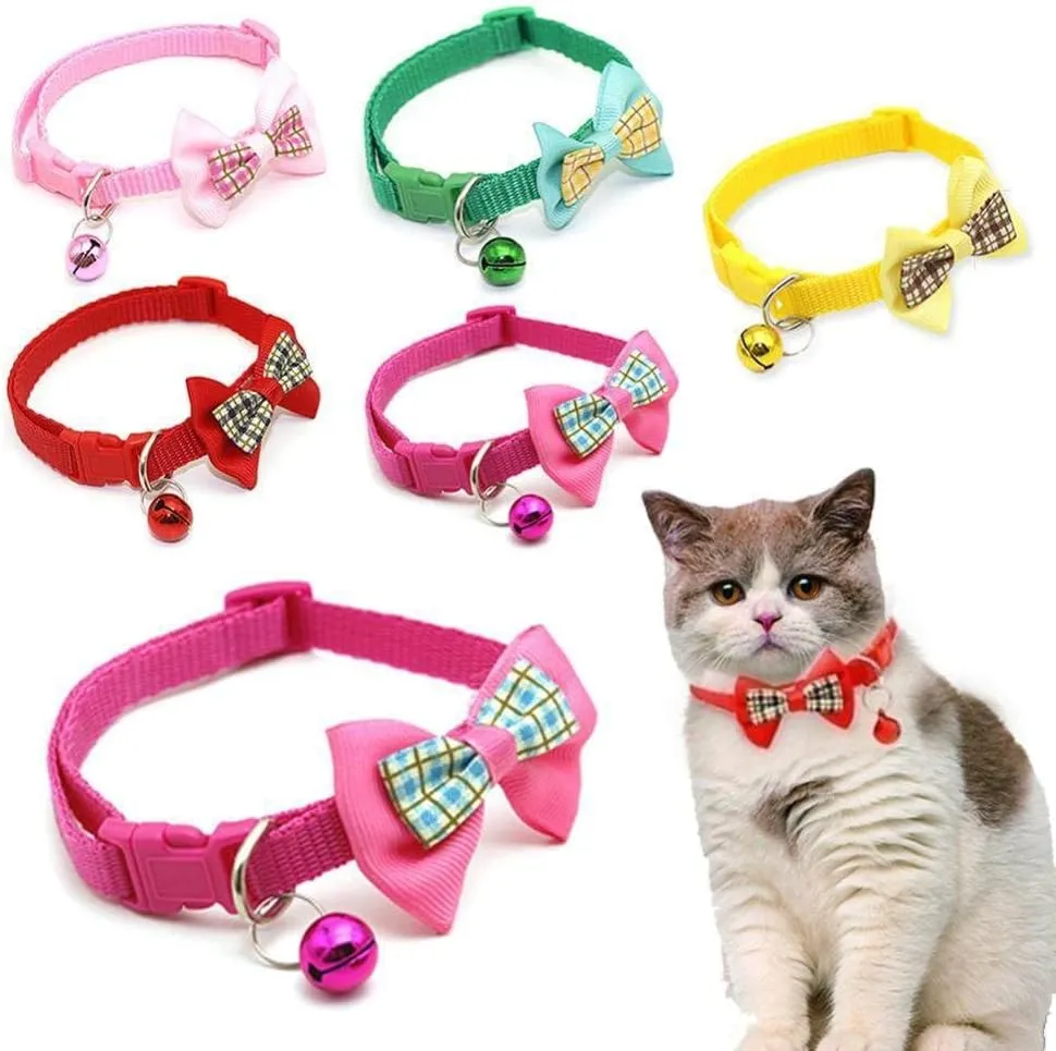 XXS Dog Collar with Bell,Soft Nylon Identification Pink Cat Collar Girl Puppy Collar with Bowtie Adjustable Buckle for XXS Xs Tiny Little Pet Female Dogs,Neck 7.5-12.5 Inch